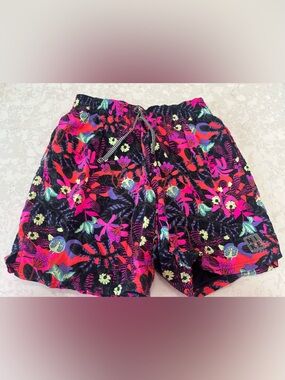 Nike Men’s Black Swim Trunks with Neon Pink & Red Floral Print